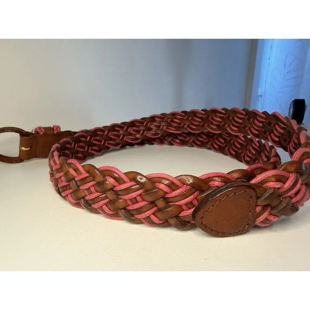 Braided Genuine Leather Belt Pink Brown Gold Buckle Woven Gaucho XL 42”